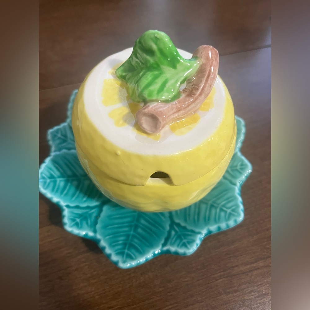 Lego Vintage Lemon Shaped Ceramic Sugar Bowl with Attached Leaf Plate
